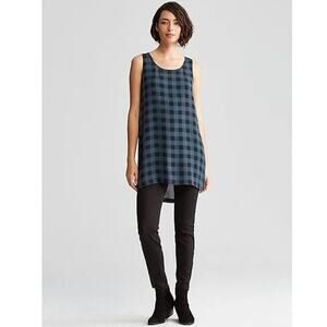 Eileen Fisher 100% silk sheer lightweight buffalo check tunic top WOMENS LARGE